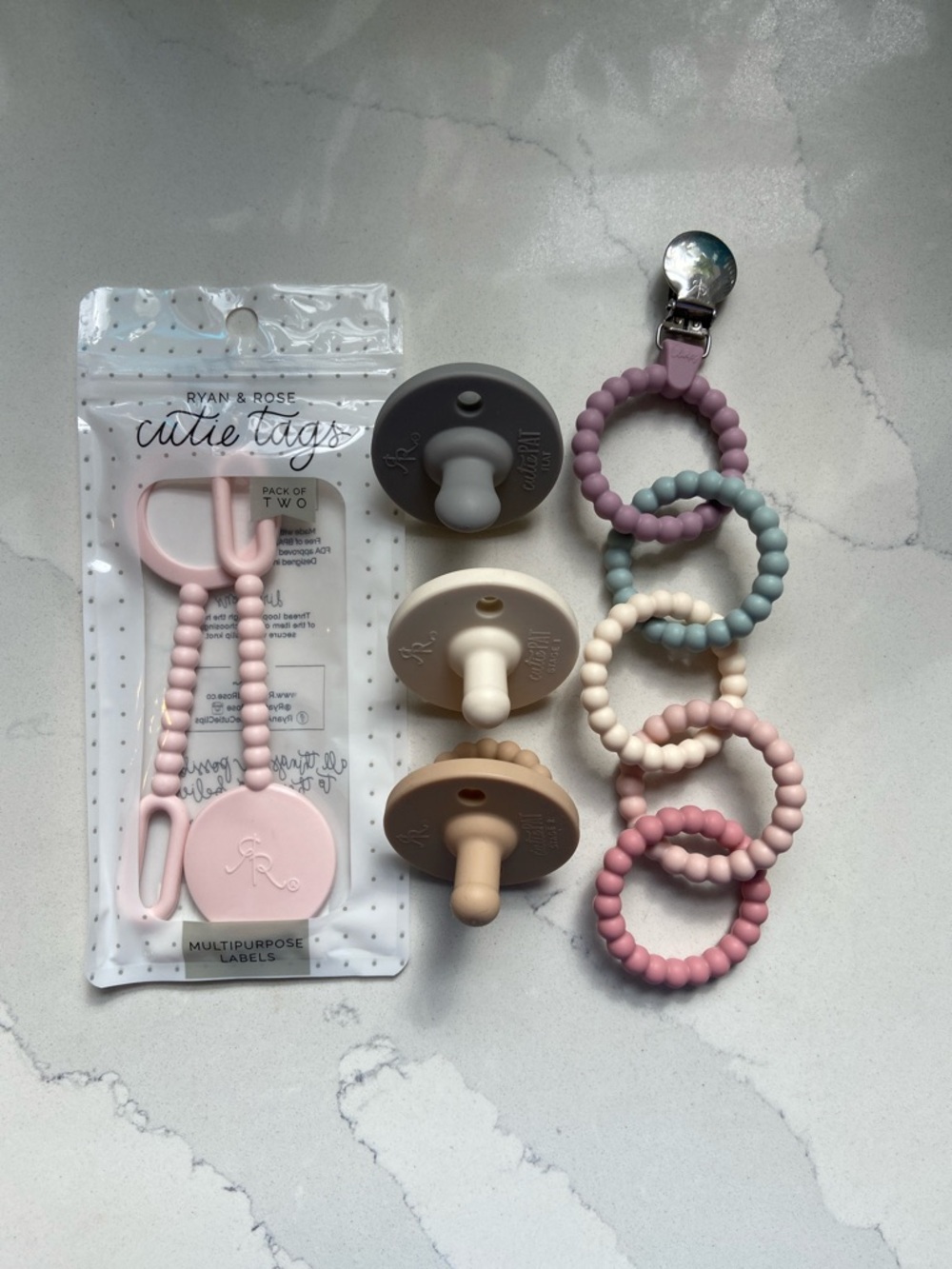 Ryan & Rose Baby Pacifier and Teether Set - Pastel Pink, Gray, Cream, Taupe